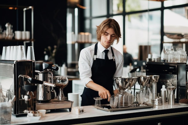 Barista masculino preparando café en una cafetería