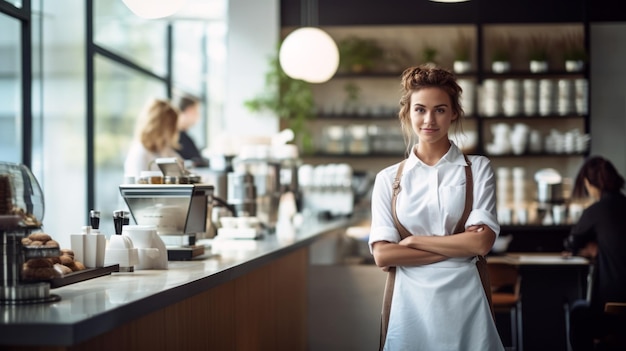 Foto barista mirando a la cámara en una elegante cafetería retrato de una mujer joven sonriente en una cafetería persona en el trabajo concepto de pequeña empresa