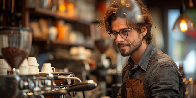 Barista mit Schürze bereitet Kaffee für Kunden in einem kleinen Café-Geschäftskonzept vor