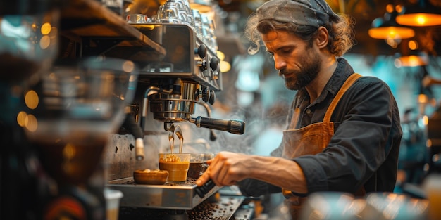 Barista mit Schürze bereitet Kaffee für Kunden in einem kleinen Café-Geschäftskonzept vor