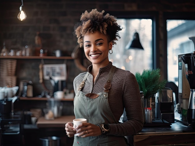 Barista negra africana trabajando en la cafetería en Navidad