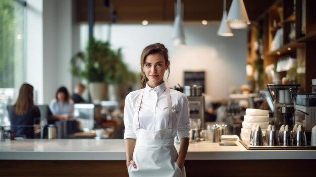 Foto barista olhando para a câmera em um café elegante retrato de uma jovem sorridente em um café pessoa no trabalho conceito de pequeno negócio