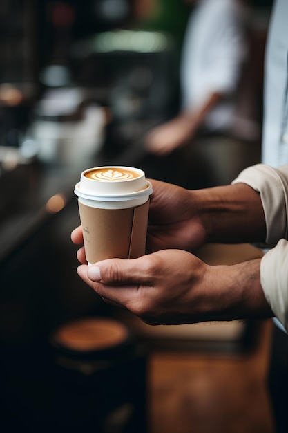 Barista pasando latte en una taza de papel