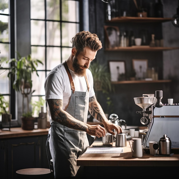 Barista preparando café en una cafetería de moda