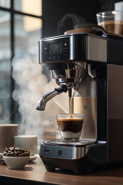 un barista preparando y usando una máquina de café para vaporizar leche para un fondo de menú de café