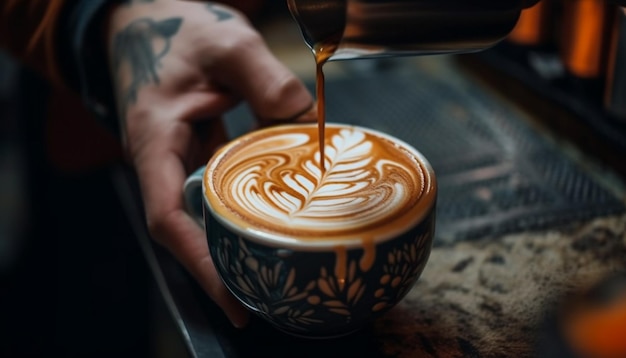 Barista serve café espumoso em um café aconchegante gerado por IA