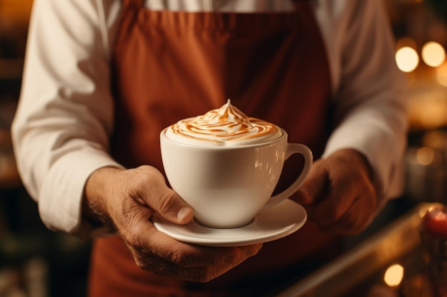 Barista serve xícara quente saboroso grãos de café aconchegante café bebendo cacau cappuccino americano