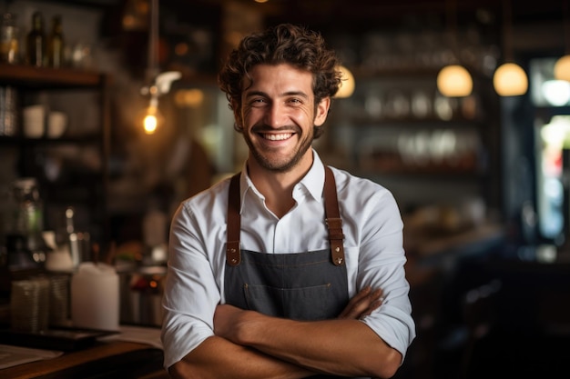 barista sonriendo en delantal en bar o cafetería