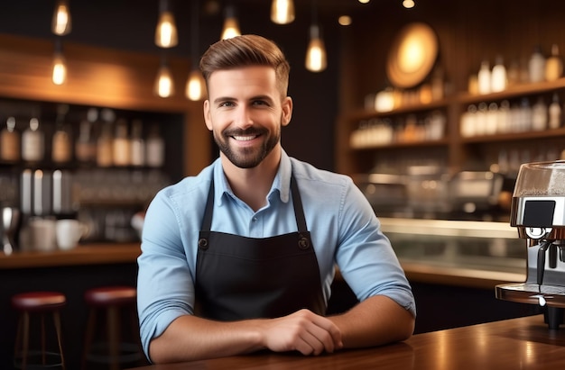 Barista sonriente en una cafetería en el mostrador de la barra