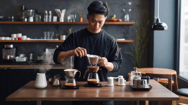 El barista de sudor negro prepara café filtrado, una tetera de plata para un hermoso cromo transparente.