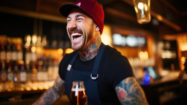 Barista tatuado trabalha feliz no café