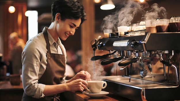 Barista usando la máquina de café en la cafetería