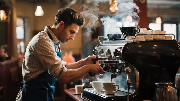 Barista usando la máquina de café en la cafetería