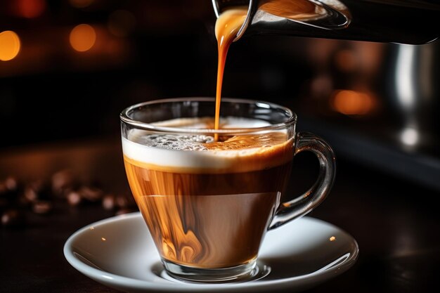 Un barista vertiendo latte en una taza