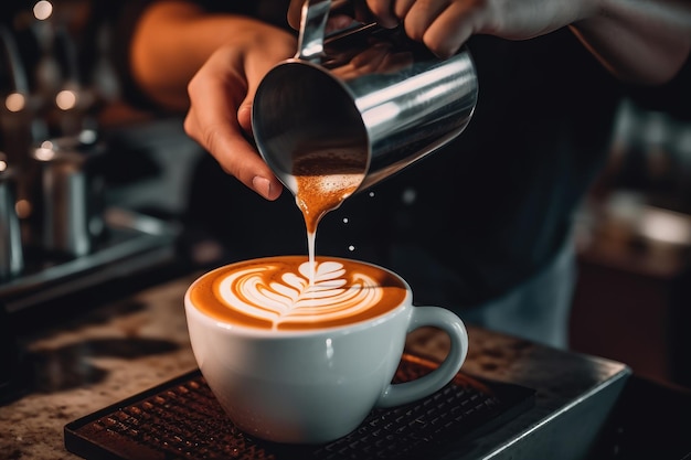 Un barista vierte un café con leche en una taza