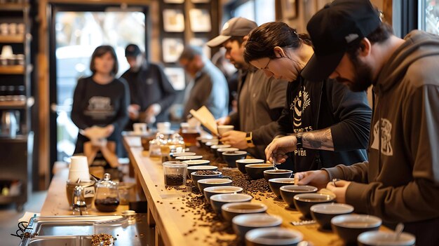 Foto baristas em uma cafeteria examinam e cheiram cuidadosamente diferentes tipos de grãos de café, preparando-os para assar