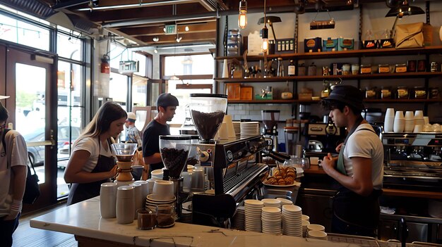 Baristas preparam bebidas de café e doces em uma cafeteria movimentada