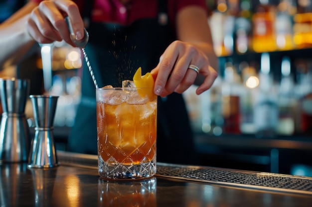 Barman adornando un cóctel con cáscara de naranja en un bar