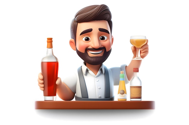 Barman avatar 3D em um retrato de fundo branco de um barman