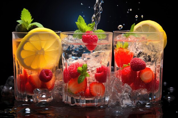 BARMAN bereitet aromatisiertes Wasser mit frischen Früchten zu. Präzise Bewegungen, leuchtende Farben, generatives IA