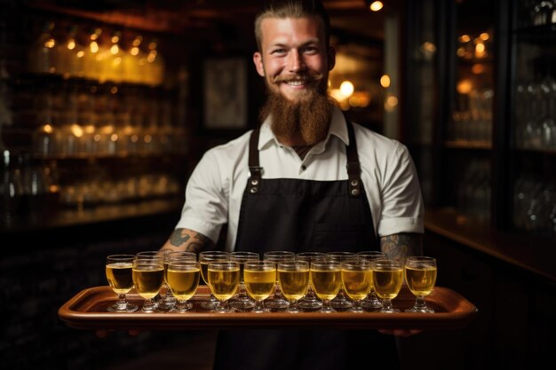 Foto barman com uma bandeja de copos de pilsner