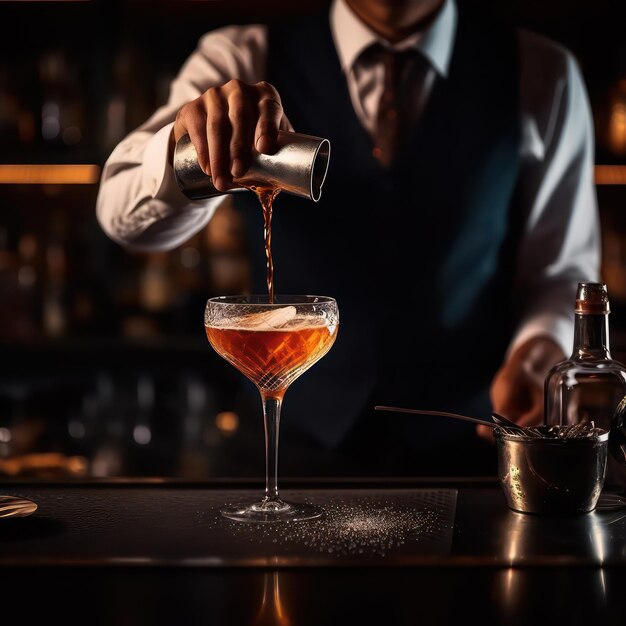 Un barman comienza a elaborar de manera experta el cóctel elegido y a medir cuidadosamente cada ingrediente.
