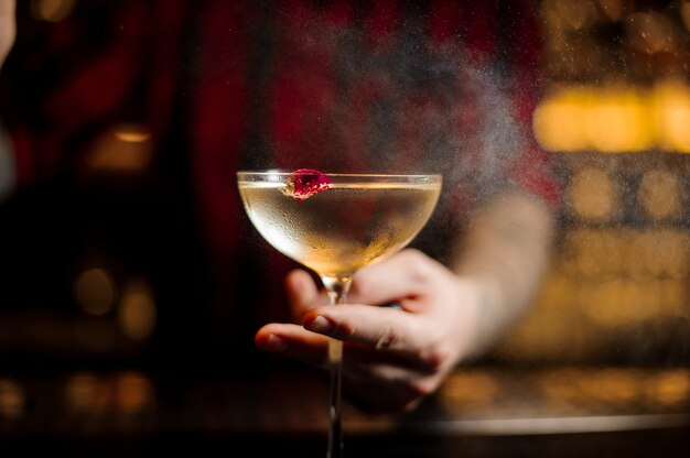 Barman con elegante copa de cóctel con bebida alcohólica