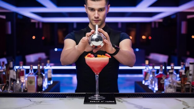 Foto barman de frente frente al escritorio de la barra preparando una bebida en un batidor en una pared blanca