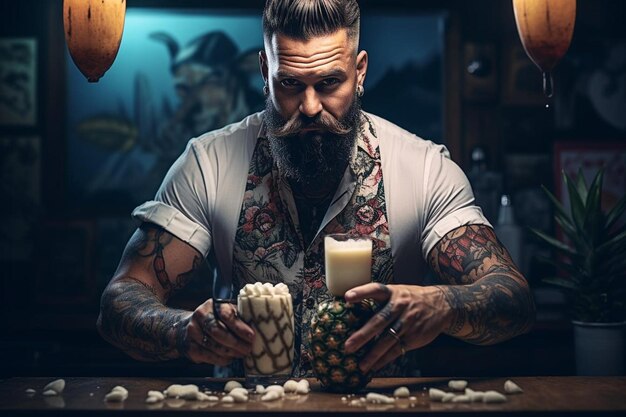 Barman de frente haciendo pina colada