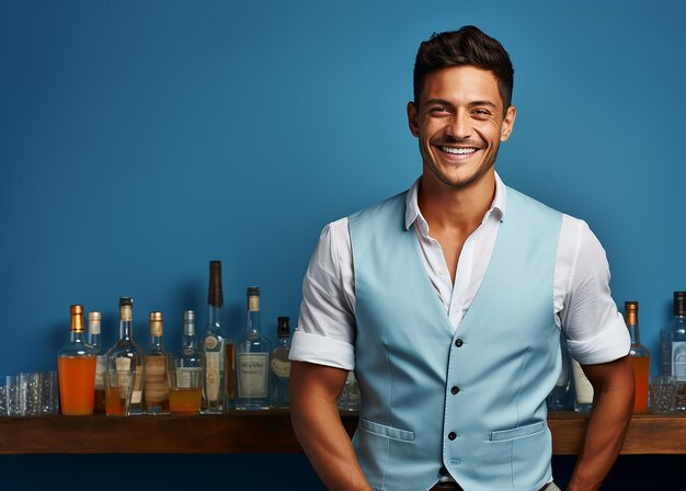 Barman habilidoso com fundo azul sólido