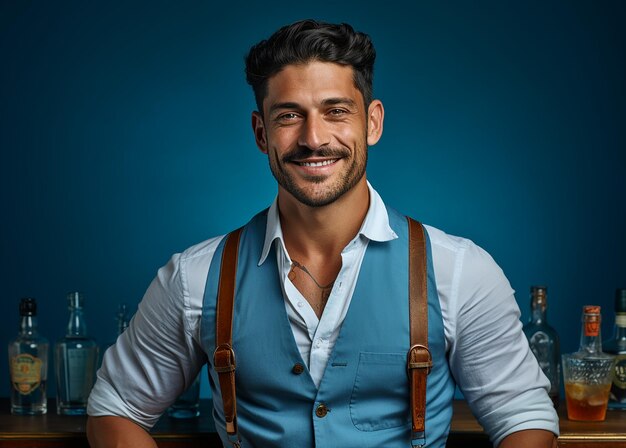 Barman habilidoso com fundo azul sólido