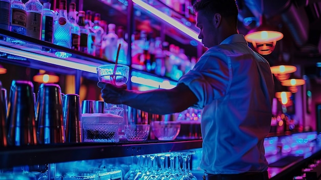 Barman haciendo cócteles en el bar Barman en el pub de cerca o un cóctel en la mesa