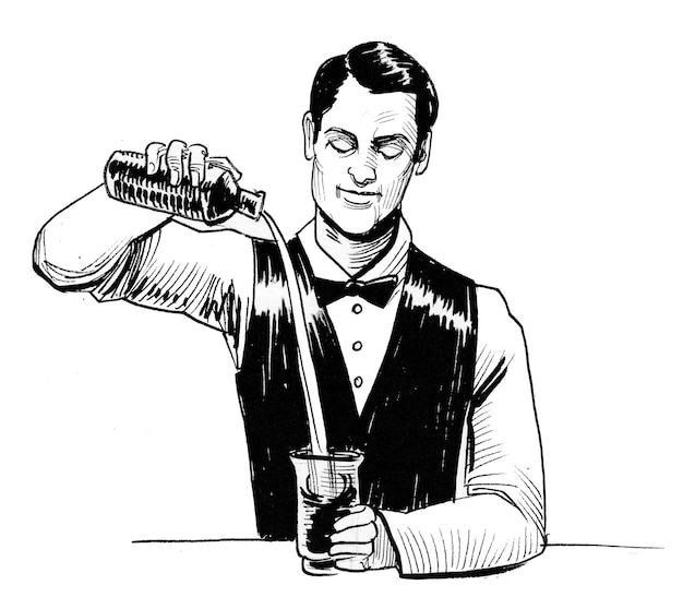 Barman misturando coquetel. Desenho de tinta preto e branco