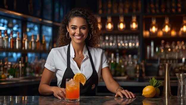 barman moderno sonriente mezclando un cóctel en un bar