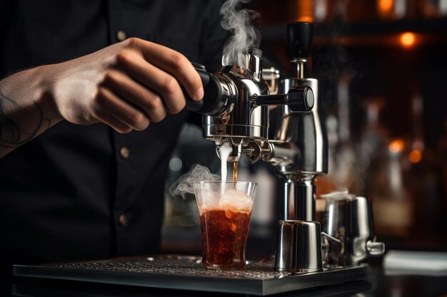 Barman profissional na máquina de café com vapor fazendo café expresso em um café