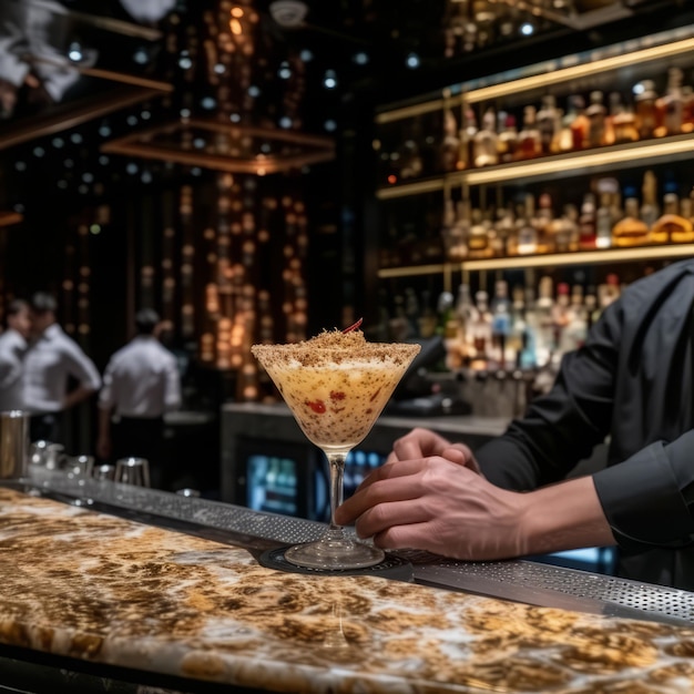 Barman segurando um copo de martini com um topo espumoso