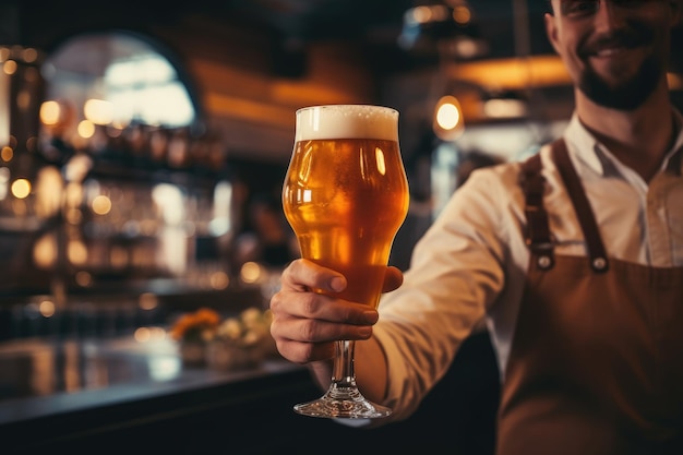 Barman con un vaso de cerveza en la mano