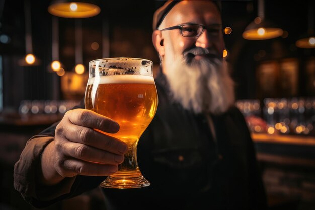 Barman con un vaso de cerveza en la mano