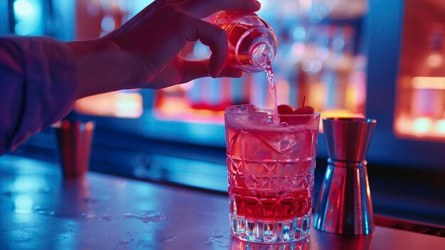 Barmann macht einen Cocktail in der Bar Barmann in der Kneipe aus der Nähe o ein Cocktail auf dem Tisch