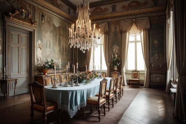 Barockes Esszimmer mit vergoldetem Kronleuchter und Seidenvorhängen