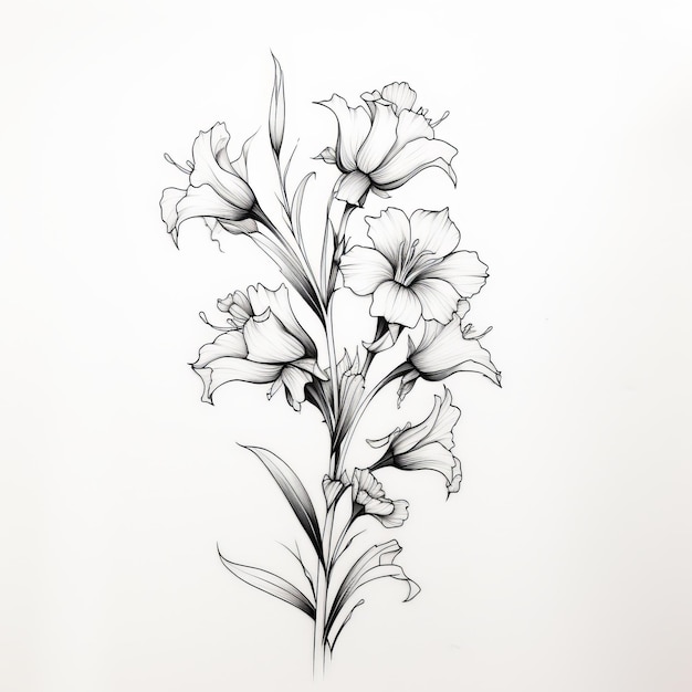 Barockinspirierte Lilienskizze auf weißem Hintergrund