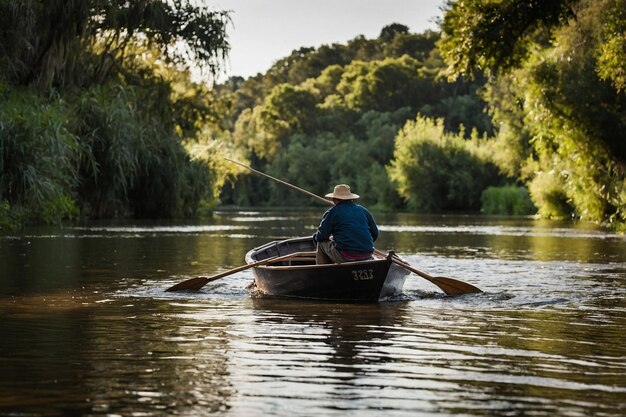 Foto barqueiro jogando o barco em um rio