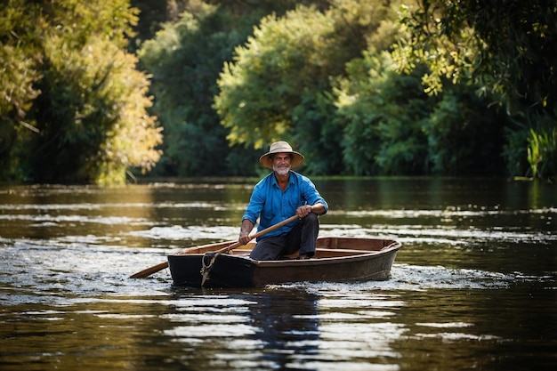 Foto barqueiro jogando o barco em um rio