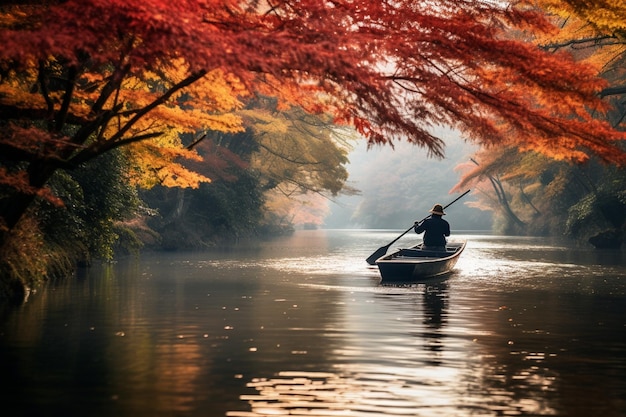 Foto barqueiro jogando o barco no rio arashiyama na estação de outono ao longo do rio em kyoto, japão