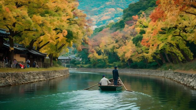 Barqueiro jogando o barco no rio Arashiyama na estação de outono ao longo do rio em Kyoto, Japão