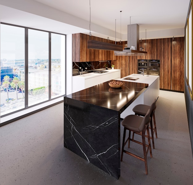 Barra de bar de lujo en una cocina moderna y una gran ventana panorámica. Cocina de diferentes materiales, marmol, madera, plastico. Representación 3D.