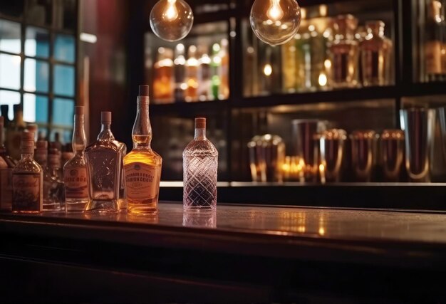 La barra del bar del restaurante está desenfocada con iluminación y luces borrosas