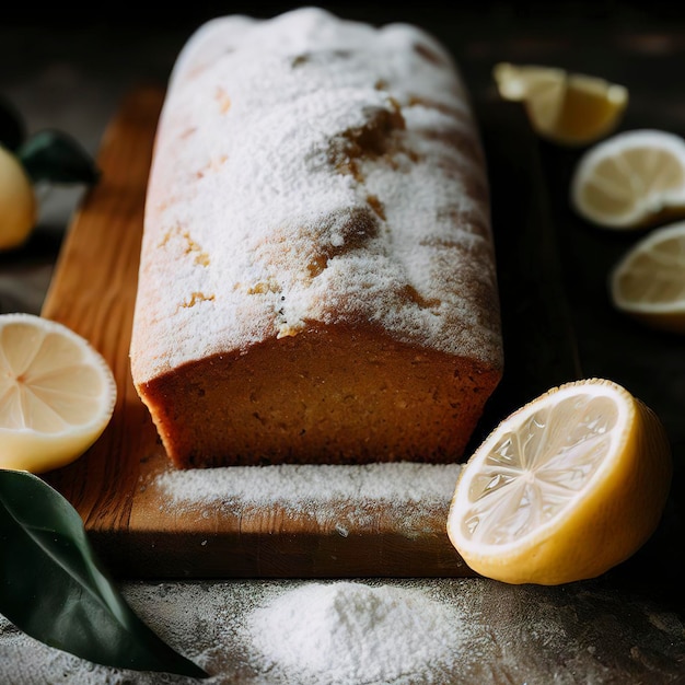 Barra de bizcocho de limón sin gluten con azúcar en polvo trozos de hojas verdes de limón