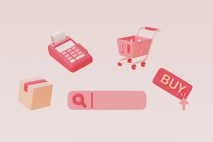 Foto barra de búsqueda 3d con carrito de compras, caja registradora y caja de paquetes en fondo pastel, compras en línea, concepto de venta del día de san valentín, marketing digital. representación 3d.