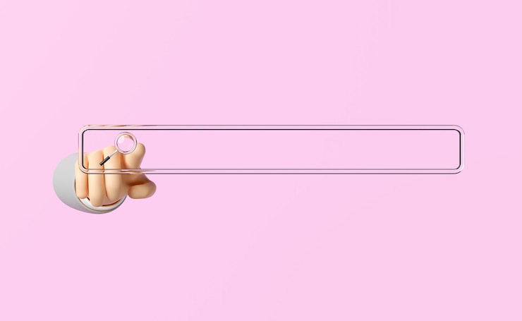 Foto barra de búsqueda 3d con la mano del hombre de negocios apuntando con el dedo lupa aislada en fondo rosa motor de búsqueda web concepto de navegación web ilustración de renderización 3d